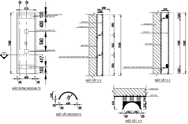 Chi tiết cấu tạo và liên kết module phào GRC qua bu lông M8 và bản mã inox 304