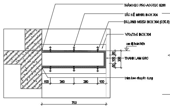 Chi tiết mặt cắt lam GRC 760 liên kết thanh V70x70x5 và bu lông M8x50